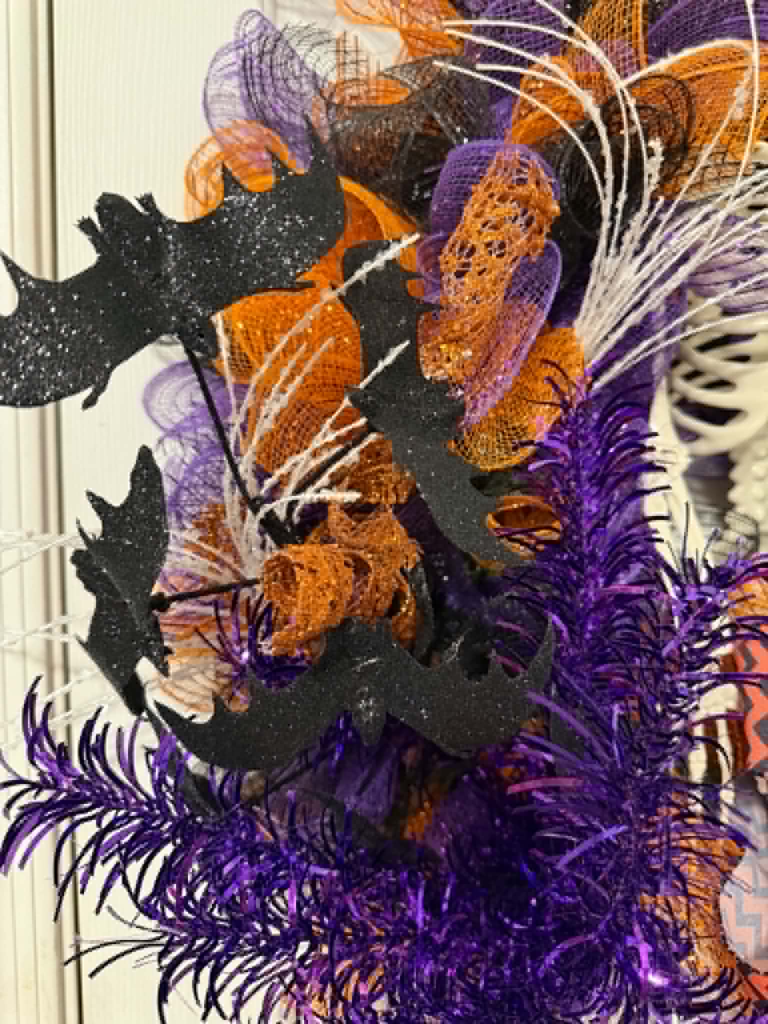 Skeleton Halloween wreath bat picks detail