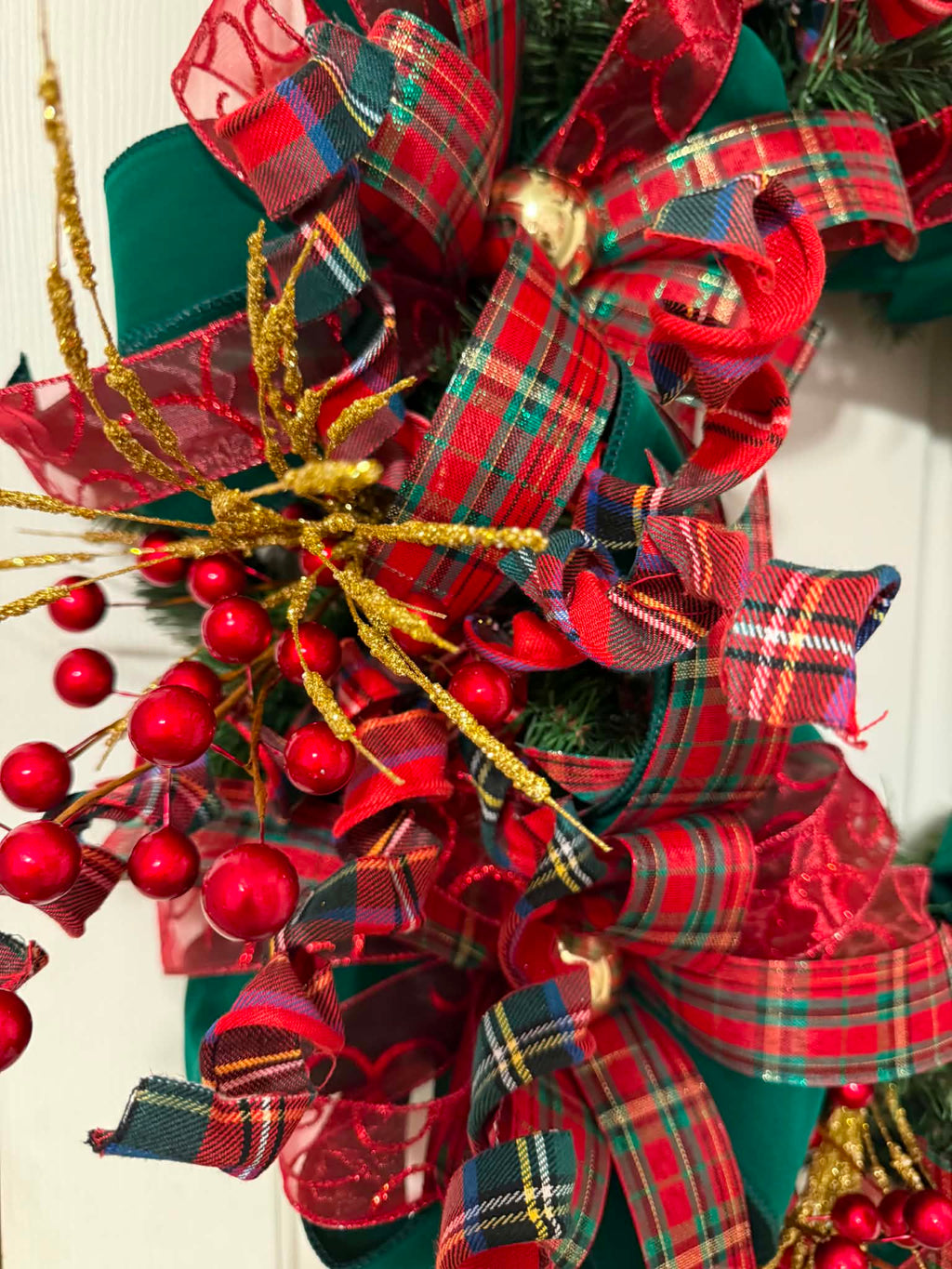Scottish Tartan Christmas Wreath full view on white door
