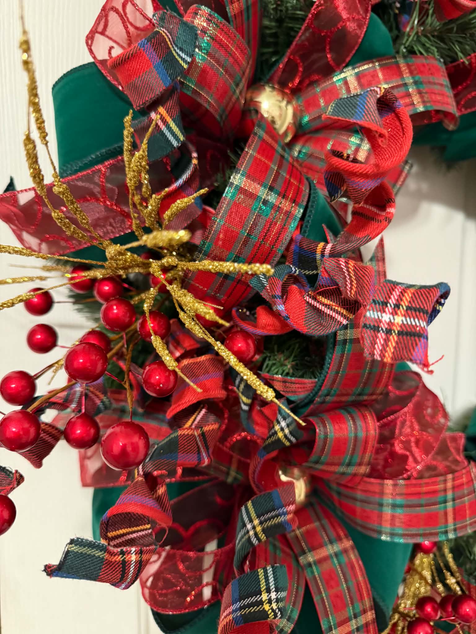 Scottish Tartan Christmas Wreath full view on white door