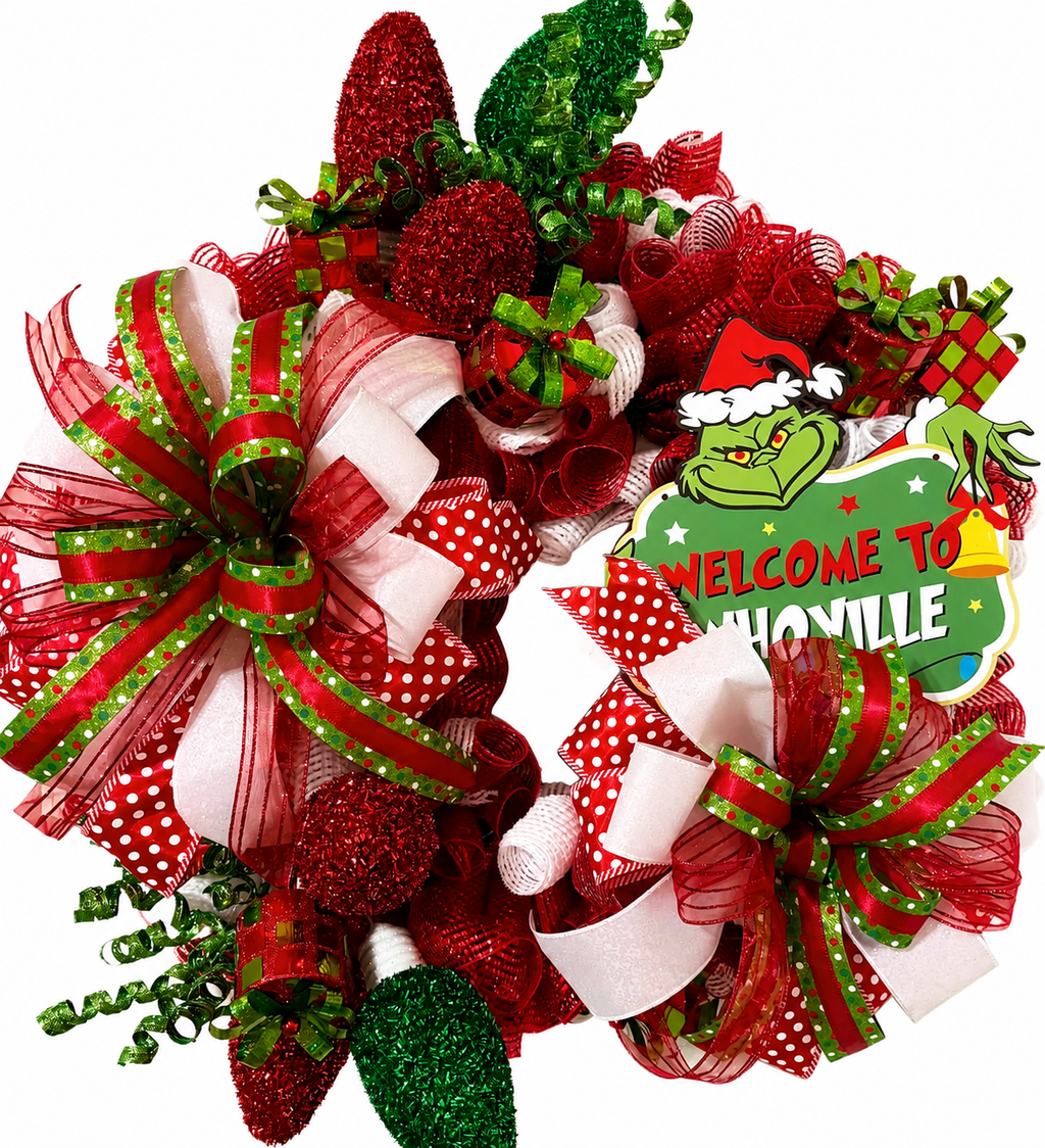 Grinch Welcome to Whoville Wreath - white background product photo