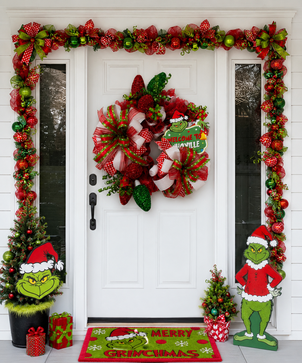 Grinch Welcome to Whoville Wreath - lifestyle door scene with Grinch porch decor