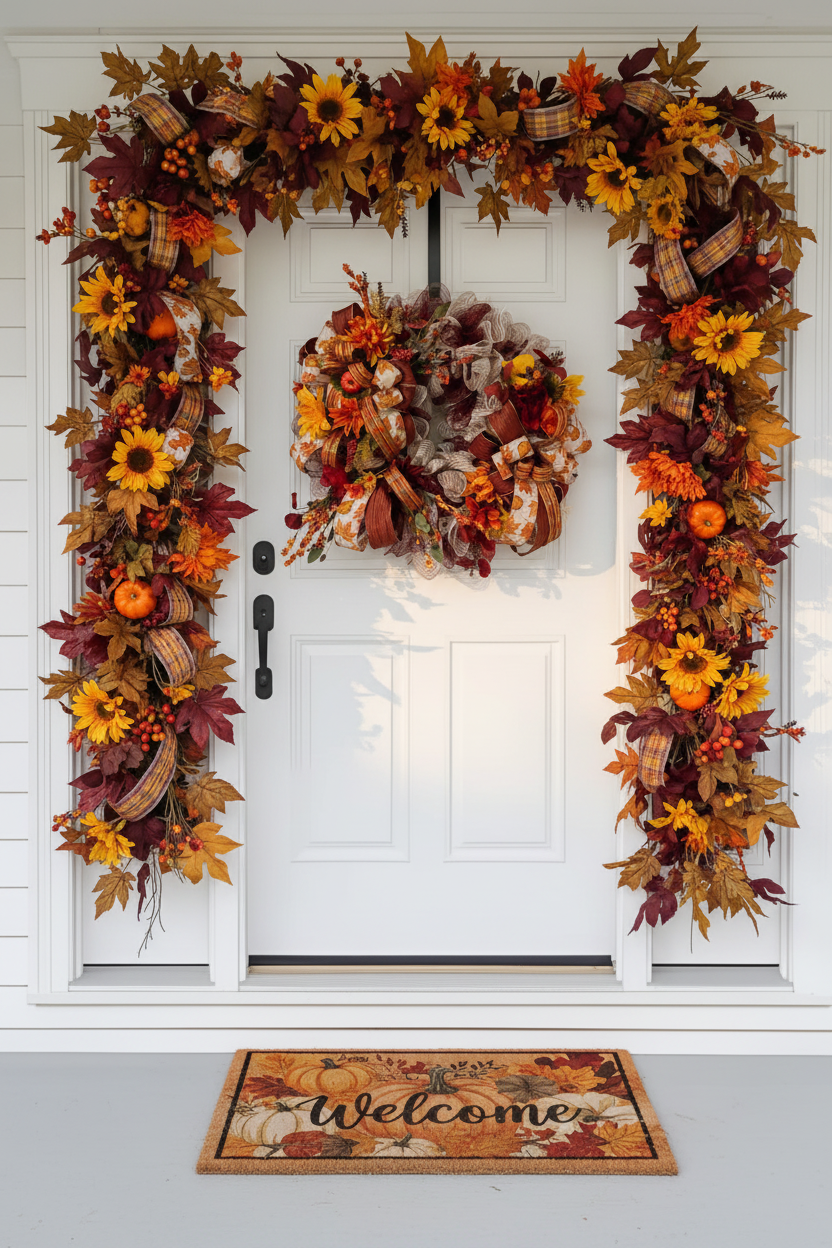 Fall Wreath - Door with Garlands and Doormat