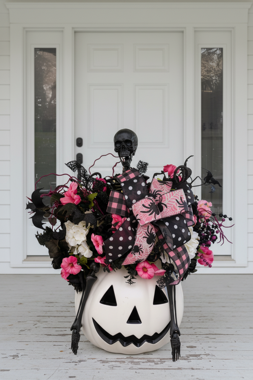 Halloween arrangement on white porch