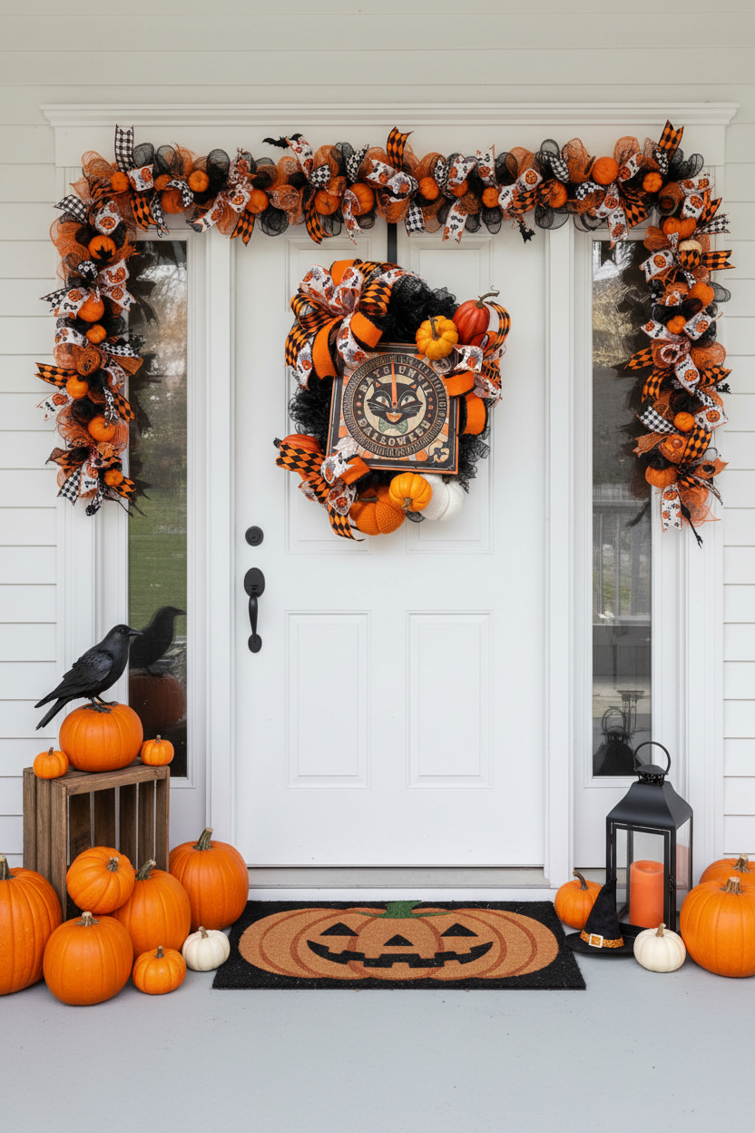Halloween Porch with Pumpkins in Front of Crow