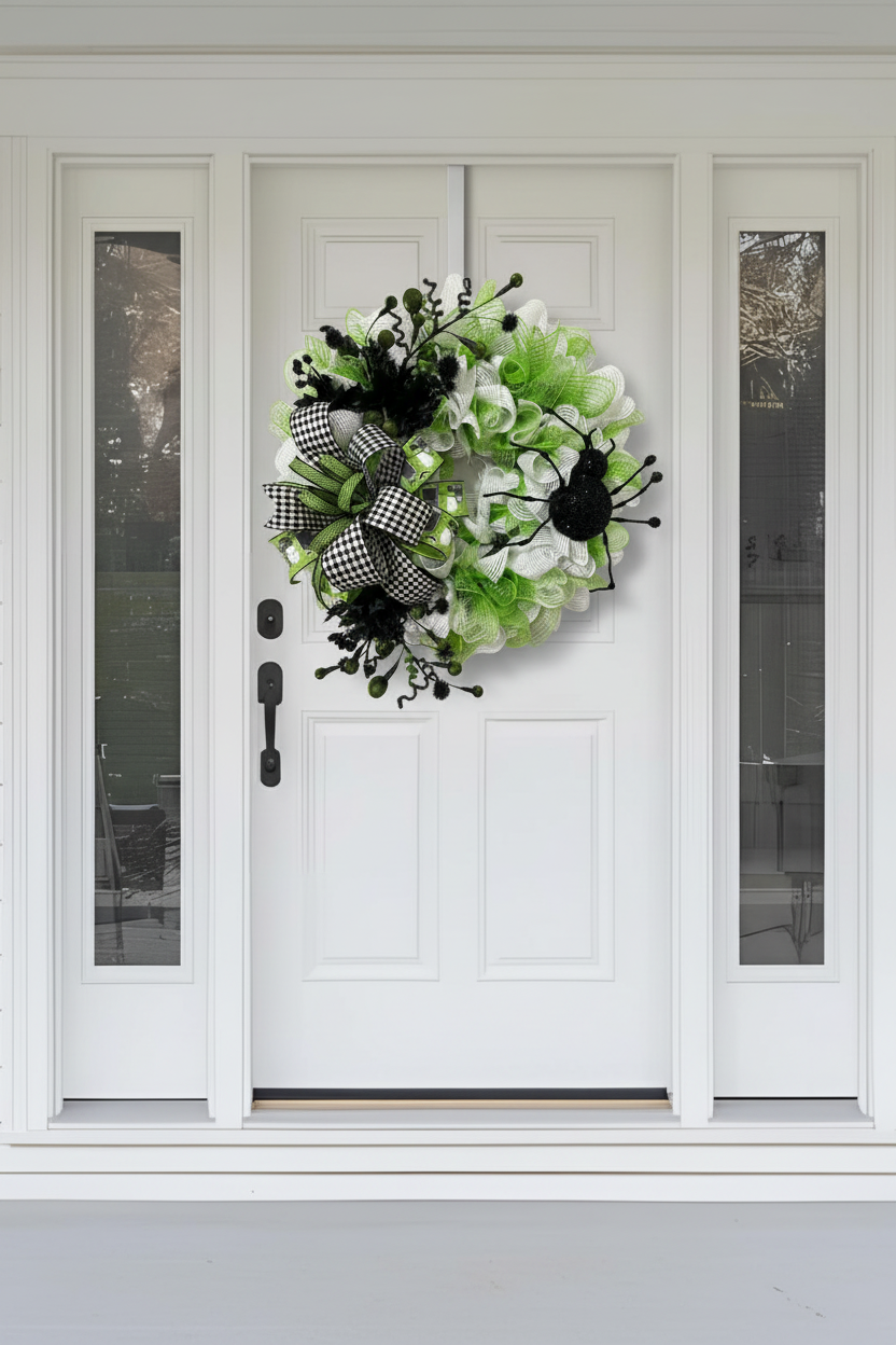 Lime green and black spider Halloween wreath hanging on white front door