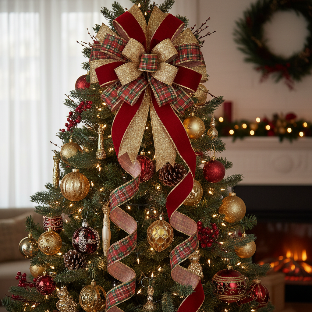 Extra large Christmas tree topper bow with 36 inch tails - 3 to 5 ribbon choices