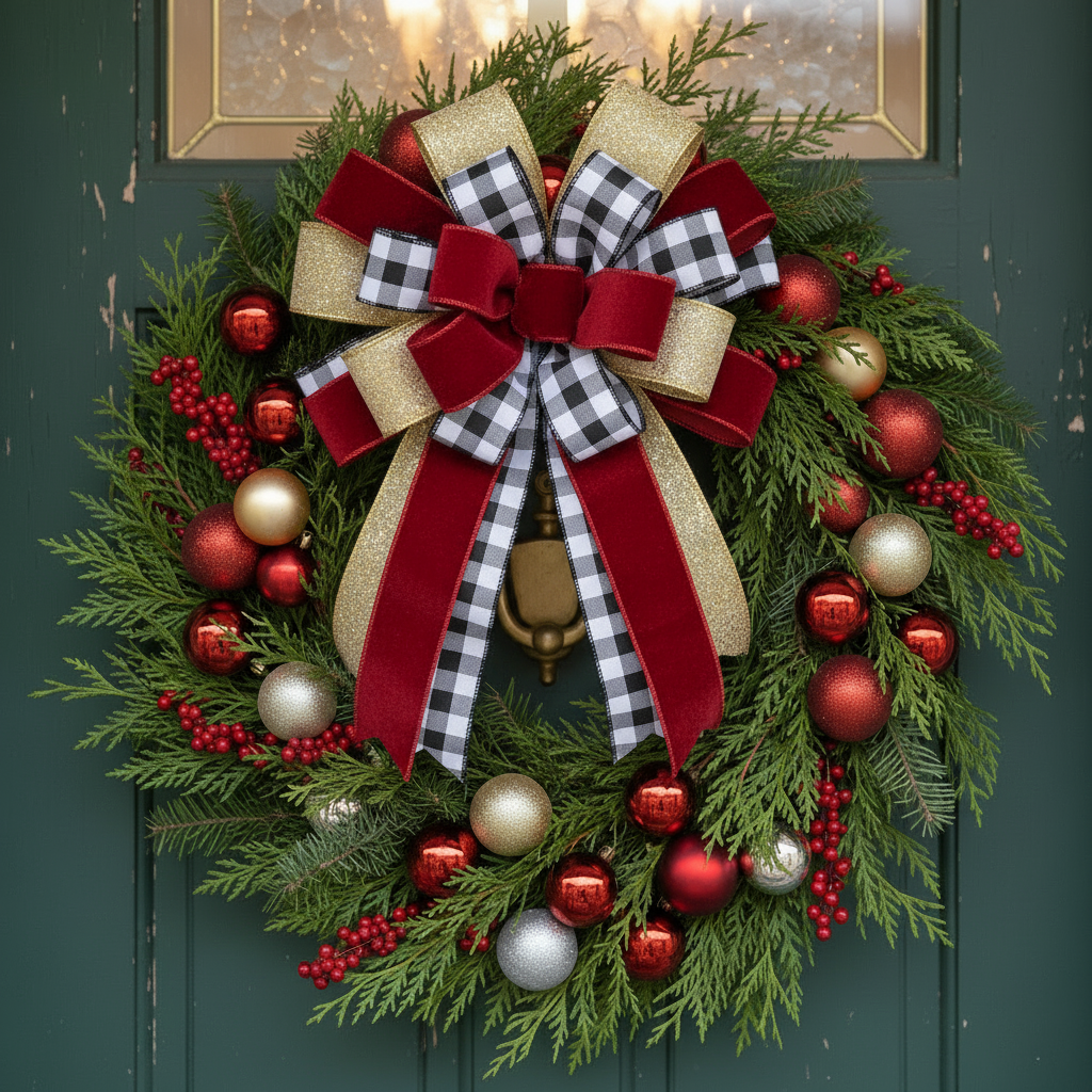 Large bow on wreath - 3 ribbons