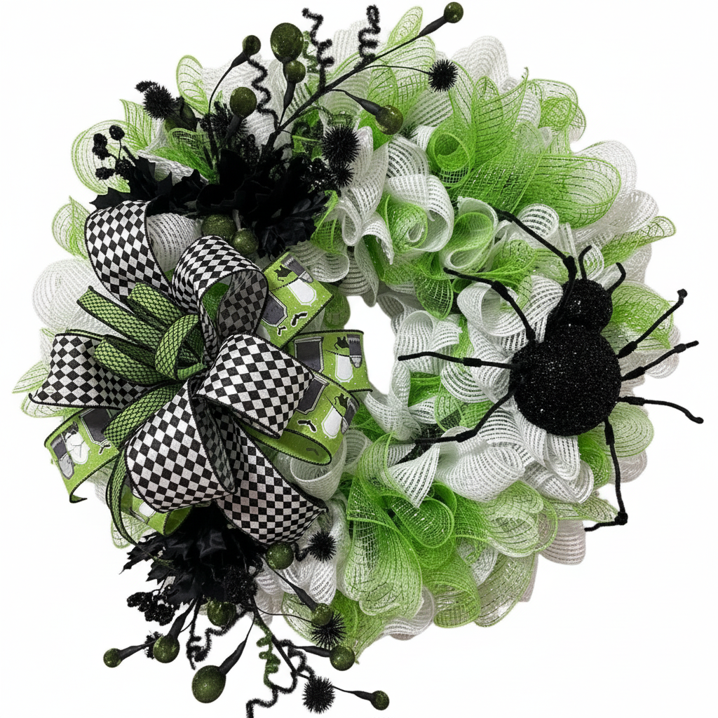 Lime green and black spider Halloween wreath product photo