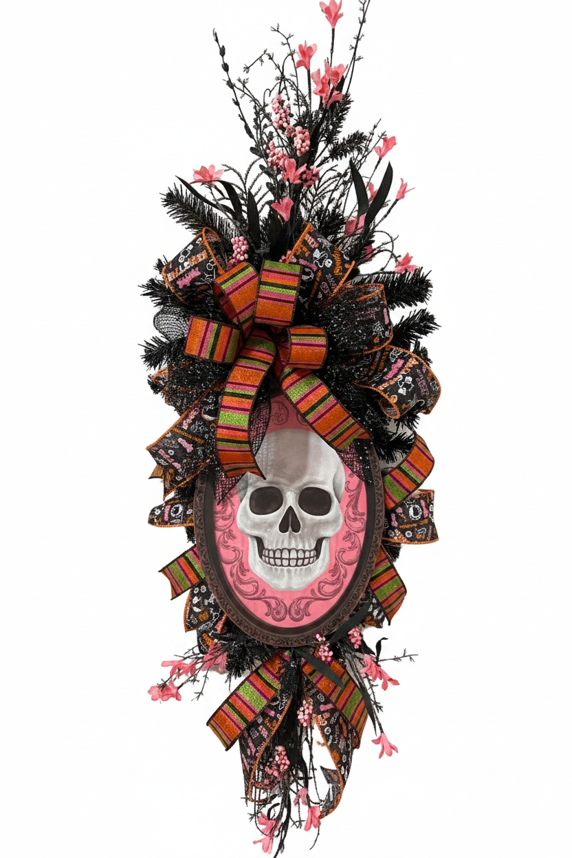 Pink & Black Skull Halloween Door Swag - Clear Background