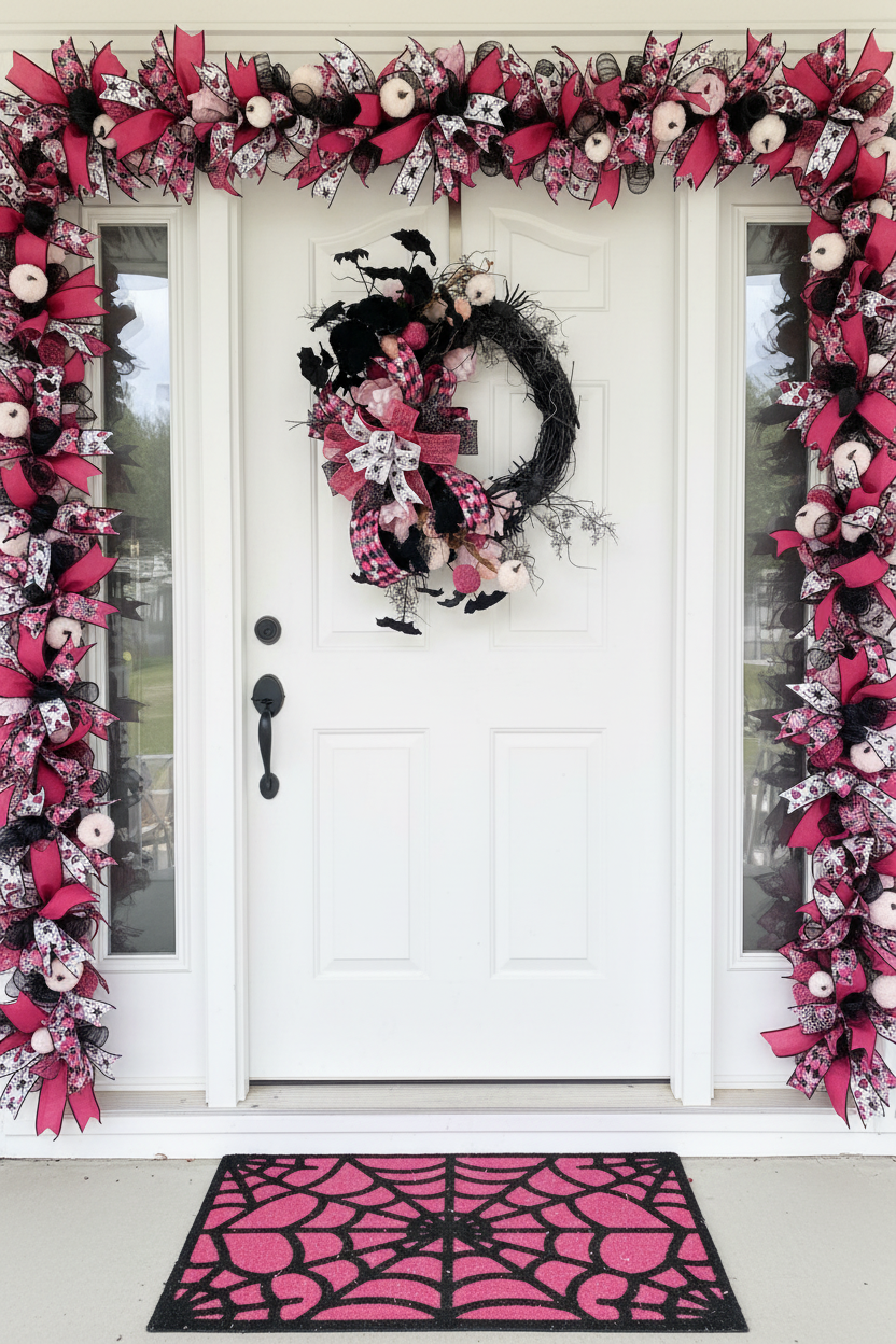 Pink & Black Spider Wreath — Matched Lifestyle Door Shot