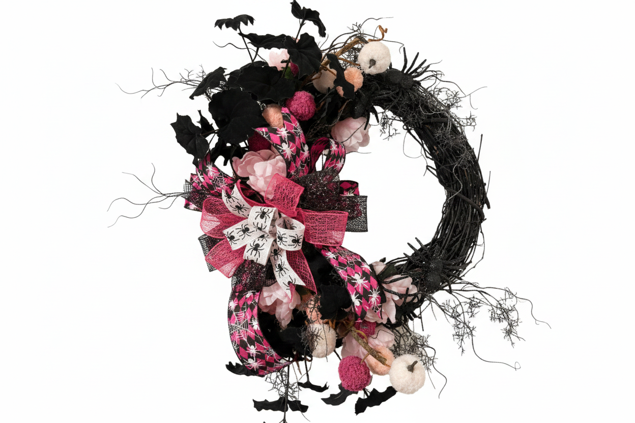 Pink & Black Spider Wreath — White Background