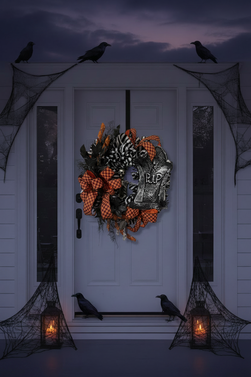 RIP Skeleton Wreath - Brighter Door Shot